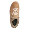 A top-down view of a brown leather boot with white laces and a fluffy interior. Podgląd zdjęcia produktu
