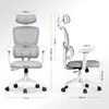 Front and side views of an ergonomic office chair with dimensions indicated by measurement lines and text. Produktbild-Vorschau
