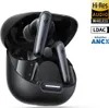 A pair of black wireless earbuds in their charging case, with marketing badges on the right side. Náhľad obrázku produktu