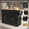 A black kitchen island with a wooden countertop is shown in a kitchen setting, with various accessories and food items on top. Inset images highlight specific features of the island. Voir les images du produit