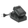 A black battery charger with a black battery pack on top, connected to a black power cord with a European plug. Produktbild-Vorschau