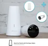 A white base station and a white security camera are shown, with inset diagrams illustrating their connection and components. Produktbild-Vorschau