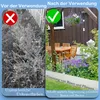 A split image showing a garden before and after using a product. The left side shows an unkempt, weedy area, while the right side shows a tidy garden with a table and chairs, separated by a decorative border. Produktbild-Vorschau