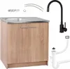A kitchen cabinet with a sink, faucet, and plumbing parts, displayed against a white background. Produktbild-Vorschau