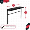 A diagram showing the dimensions of a black metal bench, with text indicating compact dimensions. Voir les images du produit