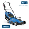 A blue electric lawnmower is shown against a white background. Produktbild-Vorschau