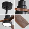 A collage of four close-up images showing details of a black and wood ceiling fan. Produktbild-Vorschau
