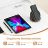 A desk surface with a tablet, stylus, smartphone on a wireless charger, and a laptop keyboard, with built-in power outlets and USB ports. Podgląd zdjęcia produktu