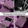 Collage of images showing a purple leather phone case with a crossbody strap and card slots, highlighting its features and material. Produktbild-Vorschau