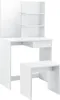 A white vanity table with a mirror and a matching stool, set against a white background. Produktbild-Vorschau