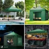 Collage of four images showing a green pop-up canopy tent in different settings and times of day. Produktbild-Vorschau