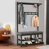 A coat rack with a bench and shoe storage in a room. Produktbild-Vorschau
