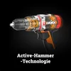 A cutaway view of a cordless drill, highlighting its internal components and featuring text describing its technology. Produktbild-Vorschau
