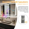 A bathroom mirror with integrated LED lighting and speakers, showcasing its features with text and graphics. Náhľad obrázku produktu