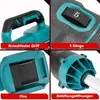 A collage of four close-up images showcasing different features of a cordless leaf blower. Produktbild-Vorschau