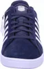 A close-up, front-facing view of a navy blue K-Swiss sneaker with white stripes. Podgląd zdjęcia produktu