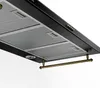 Close-up view of the underside of a black kitchen range hood, showing the mesh filters, lights, and a towel bar. Produktbild-Vorschau