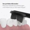 A close-up of a toothbrush head cleaning teeth, with marketing text overlay. Produktbild-Vorschau