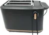 A side view of a black toaster with gold accents. Voir les images du produit