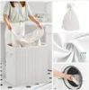 A woman is placing laundry into a white bamboo laundry basket. The collage also shows a close-up of the fabric, a laundry bag, and a washing machine. Podgląd zdjęcia produktu