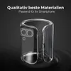 A transparent phone case is shown against a dark, rippling background. Produktbild-Vorschau