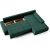 A green sectional sofa with its storage compartment open, shown against a white background. Produktbild-Vorschau