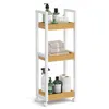 A three-tier rolling storage cart filled with bathroom essentials like soaps, towels, and toilet paper. Náhled obrázku produktu