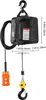 A black electric hoist with an orange remote control and yellow hook, shown against a white background with measurement indicators. Voir les images du produit