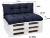 A dark blue cushion set for a pallet sofa, with dimensions indicated by text overlays. Produktbild-Vorschau