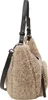 A side view of a fluffy taupe crossbody bag with black leather straps. Produktbild-Vorschau