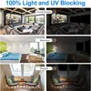 Collage showing a blackout roller blind in different room settings (home theater, bedroom, skylight) with and without light. Produktbild-Vorschau