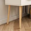 Close-up of the legs of a white table with wooden legs, placed on a wooden floor. Náhľad obrázku produktu