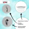 A marketing image showcasing a shower head with various features highlighted by text and arrows. Produktbild-Vorschau