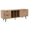 A light brown wooden TV stand with black legs, featuring two drawers on the left, three open shelves in the middle, and a cabinet door on the right. Produktbild-Vorschau