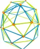 A geodesic dome climbing frame made of blue and lime green rods connected by orange hubs, isolated on a white background. Produktbild-Vorschau