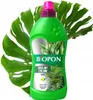 A bottle of liquid fertilizer for green plants, with large green leaves in the background. Podgląd zdjęcia produktu