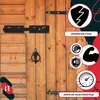 A close-up of a wooden gate with black metal hardware, featuring marketing icons and text. Náhľad obrázku produktu