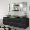 A modern bathroom vanity with two sinks, drawers, and shelves above. Produktbild-Vorschau