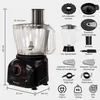 A food processor and its accessories are displayed with labels indicating their names and dimensions. Produktbild-Vorschau