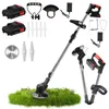 A collection of cordless grass trimmer parts and accessories laid out on a white background, with a small patch of grass in the foreground. Produktbild-Vorschau