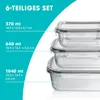 A set of glass food storage containers with lids, stacked and displayed with their dimensions and capacities listed. Voir les images du produit
