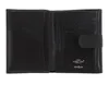 An open black leather wallet showing card slots and a snap closure. Produktbild-Vorschau
