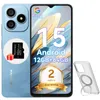 A light blue smartphone is displayed with various accessories and promotional text on its screen and the phone itself. Produktbild-Vorschau