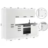A diagram of a white kitchen unit with dimensions indicated by lines and numbers. Voir les images du produit
