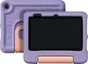 Two purple cases for a tablet are shown, one in the foreground and one in the background. The foreground case has a pink handle and a pink bar at the bottom. The background case has a camera lens visible and a textured pattern of shapes and letters. Voir les images du produit