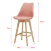 A pink bar stool with a wooden frame, shown against a white background with dimensions indicated by red lines and text. Náhled obrázku produktu
