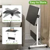 A mobile laptop table with adjustable height and tilt, shown in use and with feature callouts. Produktbild-Vorschau