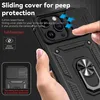 A hand is holding a black iPhone case with a ring holder and a sliding camera cover. Text overlays describe the features of the case. Produktbild-Vorschau