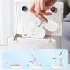 A hand is placing a white electronic device into a white textured handbag. Below, diagrams show the device in different angled positions. Produktbild-Vorschau