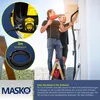 Two men are using a drill and a vacuum hose on a ladder, with product features highlighted. Produktbild-Vorschau